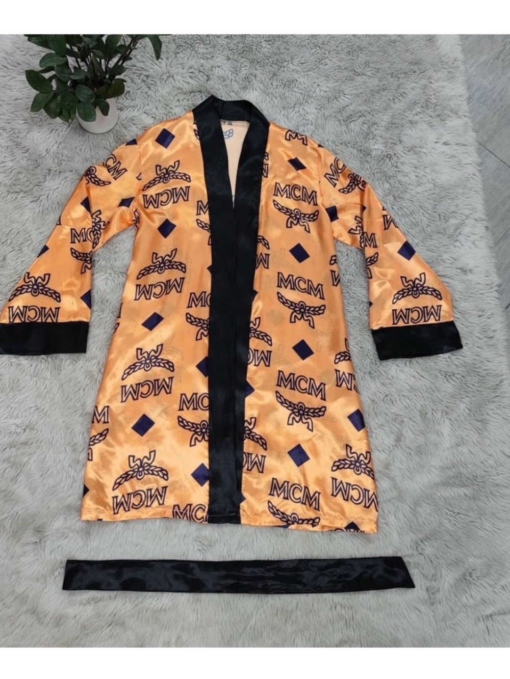 Peach Satin Robe with Black Trim and Tie Belt - Picture 8 of 8